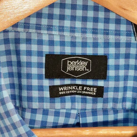 Berkley Jensen Wrinke Free Mens XL (17-17 1/2) Blue Checked Plaid Long Sleeve - Picture 4 of 9
